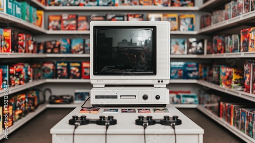 Retro gaming setup featuring vintage computer and controllers in a nostalgic video game store filled with classic game boxes and colorful covers photo