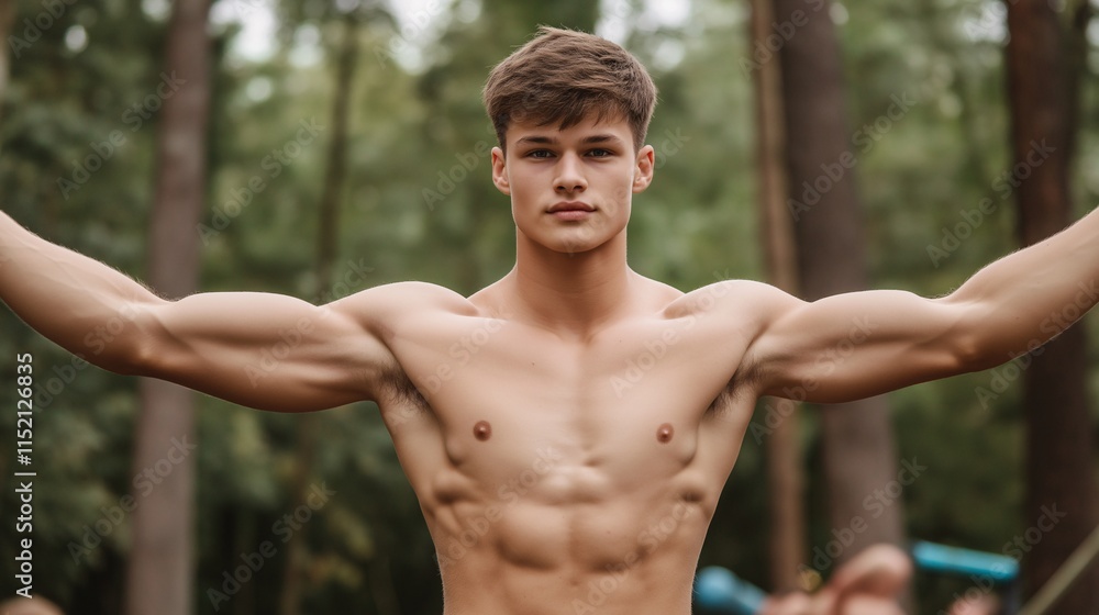 Strong Male Athlete Posing in Nature, Showcasing Muscular Physique and Health, Ideal for Fitness and Bodybuilding Themes Strong Male Athlete Posing in Nature, Showcasing Muscular Physique and Health, Ideal for Fitness and Bodybuilding Themes