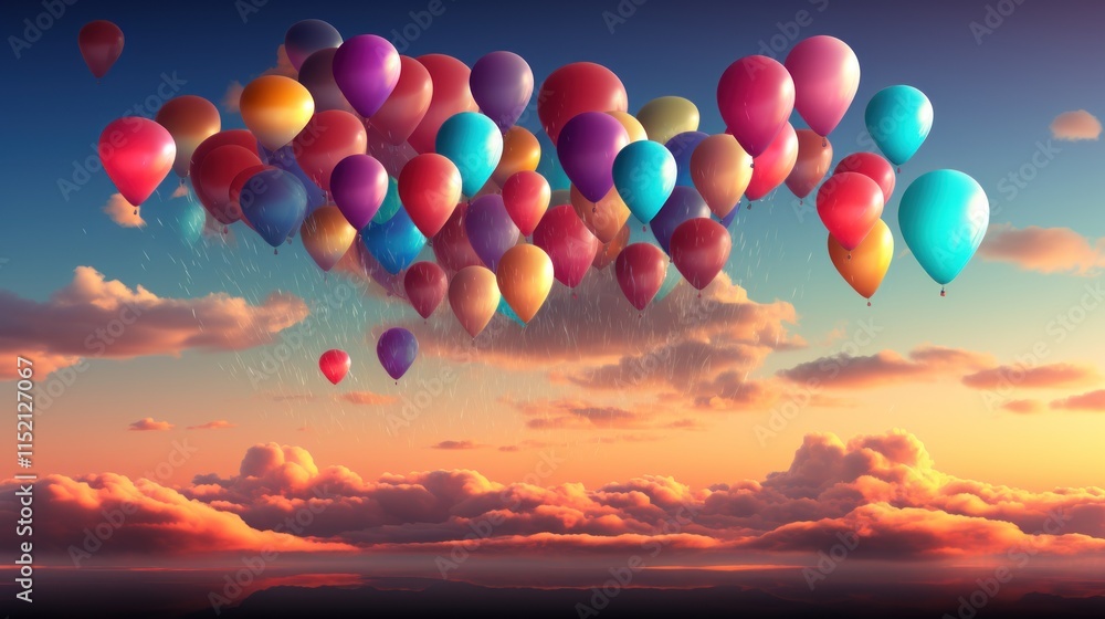 Fototapeta premium A Dreamy Sunset Flight: Colorful Balloons Soaring Through a Vivid Sky