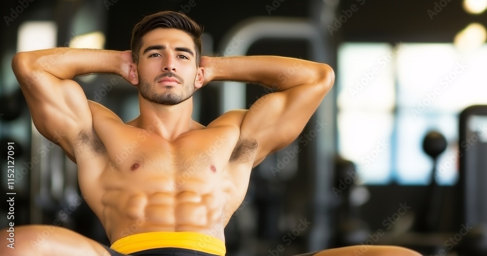 Fototapeta premium Muscular Male Athlete Posing Confidently in Gym Environment Showcasing Fitness and Strength with Defined Abs and Toned Physique