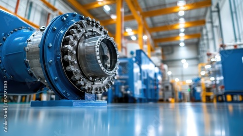 A modern turbine part rests on a polished industrial floor, surrounded by reflections and high ceilings, capturing the efficiency and precision of engineering design. photo