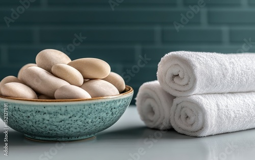 A bowl of white rocks sits next to a stack of white towels
