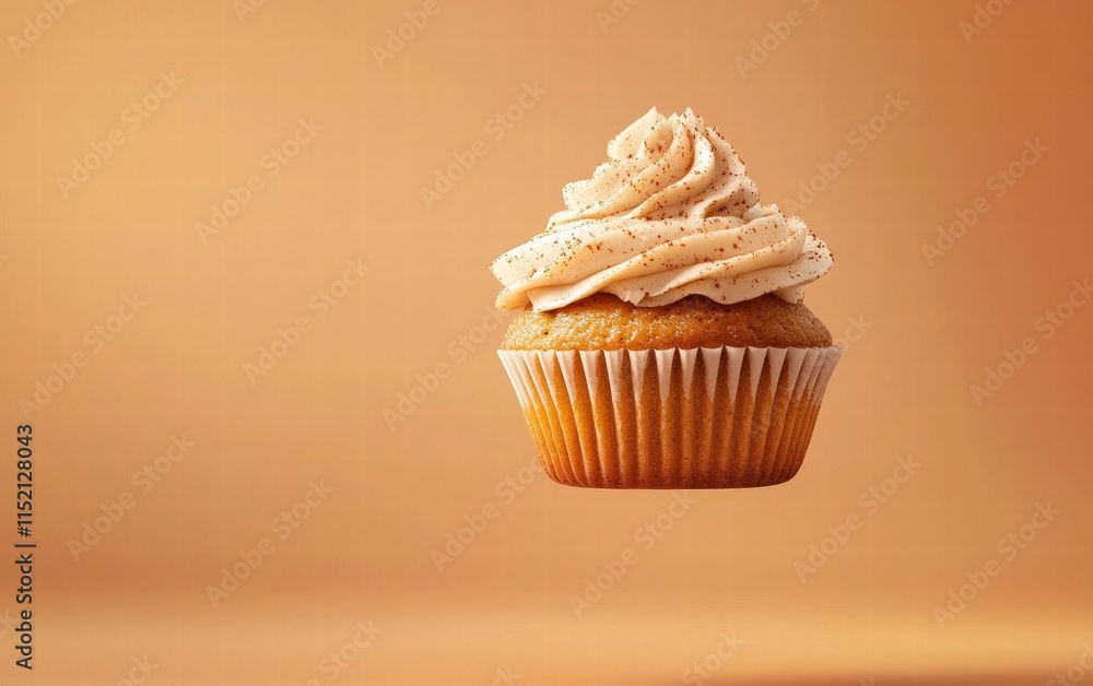 A pumpkin muffin levitating mid-air with spiced cream frosting, on a soft orange background