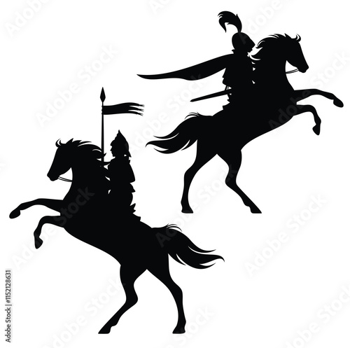 fantasy medieval knight riding horse holding banner spear - fairy tale horseback hero black vector silhouette set