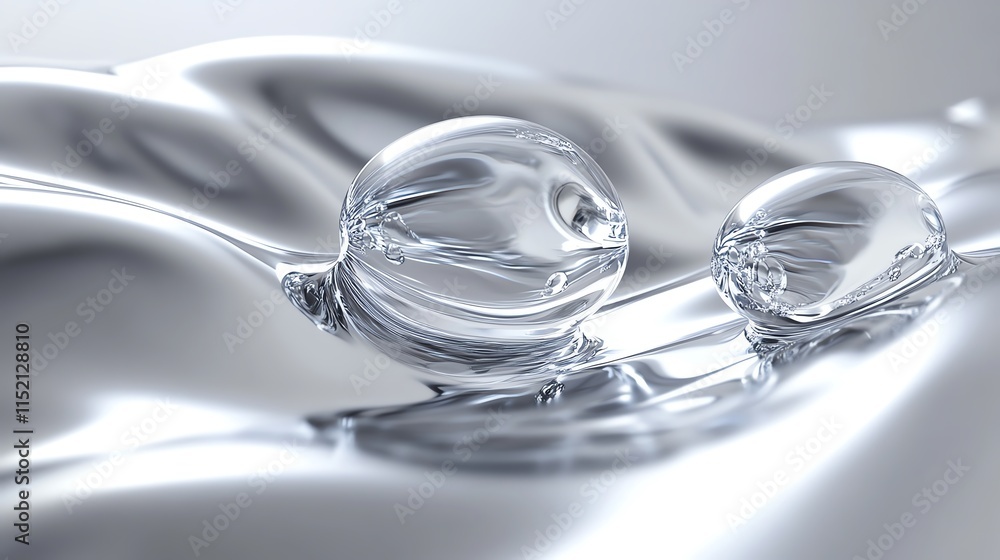 Two transparent water droplets on a smooth, reflective surface creating a serene and calming atmosphere. Two transparent water droplets on a smooth, reflective surface creating a serene and calming atmosphere.