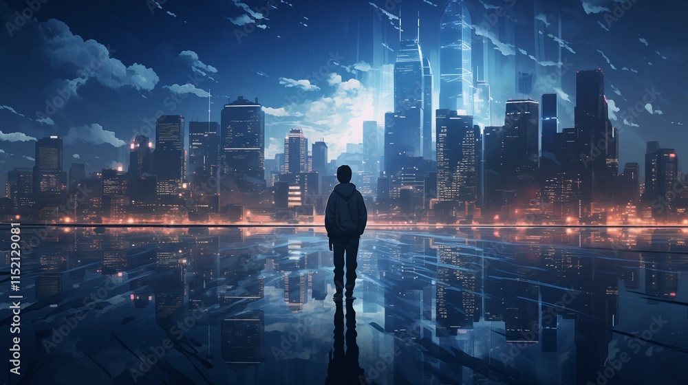 A Solitary Figure Stands in Reflection Against a Futuristic Cityscape, Evoking a Sense of Wonder and Loneliness Amidst Lush Lofi Aesthetics at Dusk A Solitary Figure Stands in Reflection Against a Futuristic Cityscape, Evoking a Sense of Wonder and Loneliness Amidst Lush Lofi Aesthetics at Dusk