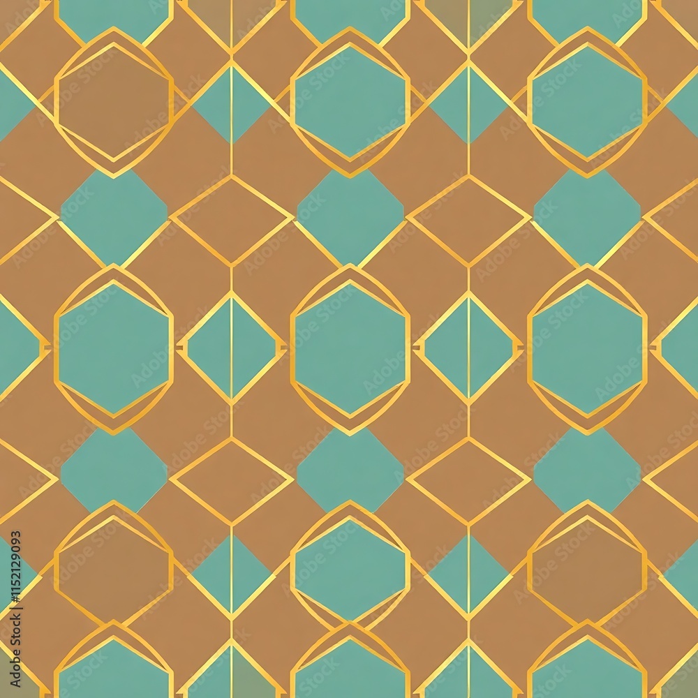 Fototapeta premium Geometric Pattern in Teal and Gold: A sophisticated and stylish seamless pattern featuring intricate geometric shapes in teal and gold, perfect for adding a touch of elegance to any design project. 