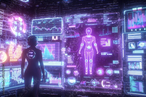 Wallpaper Mural Futuristic Interface with Digital Data Visualization and Human Silhouette Torontodigital.ca