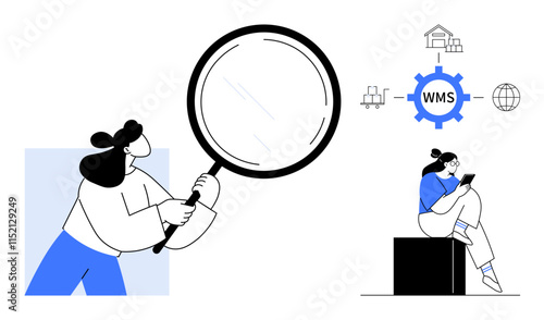 Woman holding magnifying glass studying WMS diagram with network, buildings, and global components. Ideal for logistics, efficiency, technology, training, digital transformation, business strategy