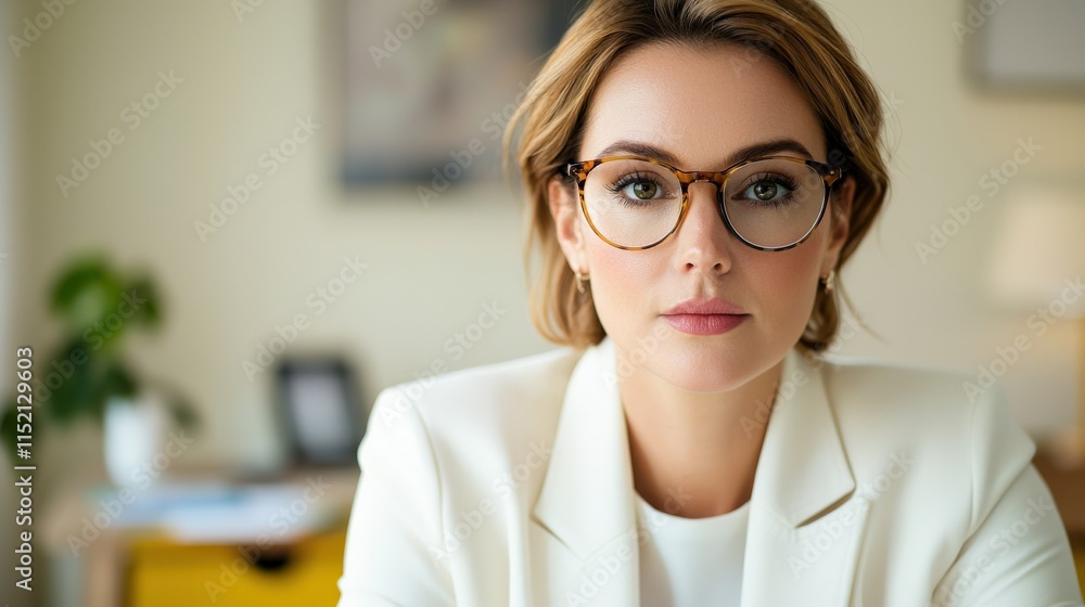 Confident Young Businesswoman in Elegant Office Attire with Glasses, Focused Expression, and Professional Look at Work, Stunning Portrait for Corporate Use and Representation Confident Young Businesswoman in Elegant Office Attire with Glasses, Focused Expression, and Professional Look at Work, Stunning Portrait for Corporate Use and Representation