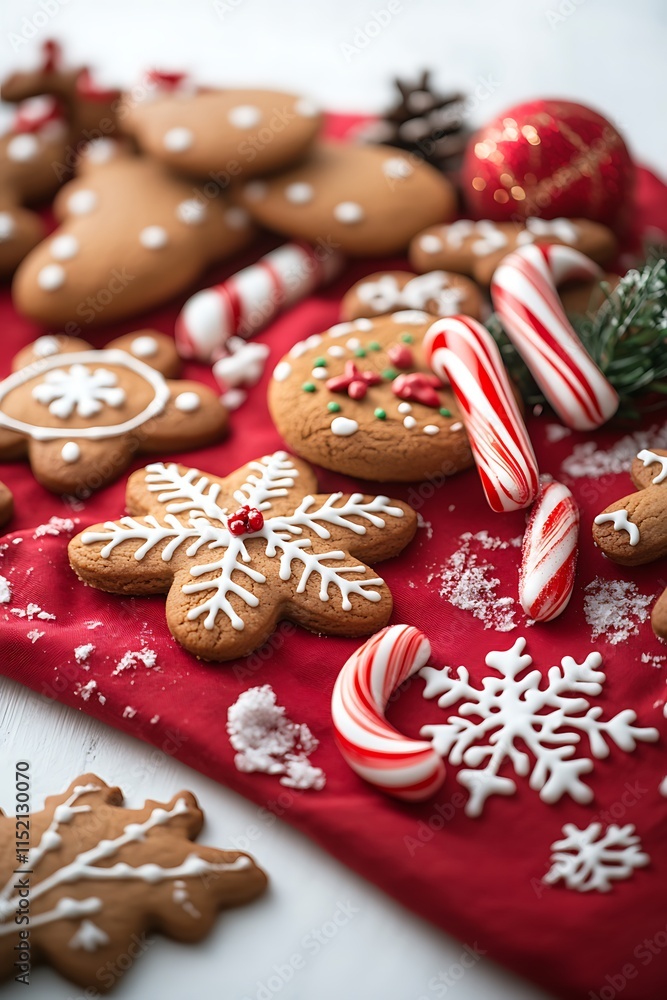 Candy canes and gingerbread cookies scattered on a festive red cloth on white background. Candy canes and gingerbread cookies scattered on a festive red cloth on white background.