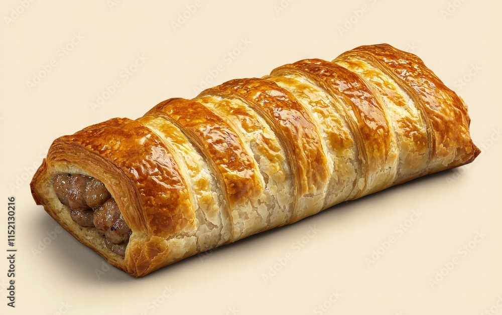 A rustic sausage roll with golden pastry, on a warm beige background A rustic sausage roll with golden pastry, on a warm beige background