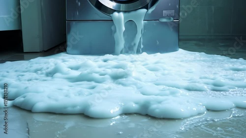 A washing machine malfunctions, leading to an overflow of foam and water spilling onto the floor. The incident takes place in a residential laundry room during daytime hours.