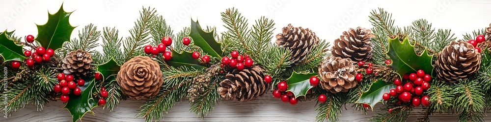 Festive wreath of holly, pinecones, and red berries on a wooden background on white background. Festive wreath of holly, pinecones, and red berries on a wooden background on white background.