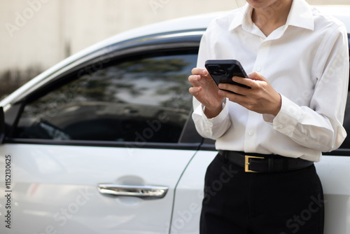 Asian female motorist car accident calling insurance company or rescue team photo