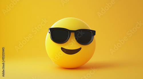 Cute emoji wearing sunglasses on a yellow background, 3D rendering, minimalist style 