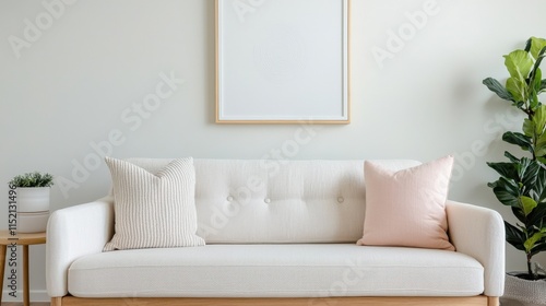 Modern Minimalist Living Room with Neutral Colors Featuring a Cozy Sofa, Decorative Pillows, and Indoor Plant by the Wall Ready for Interior Design Inspiration