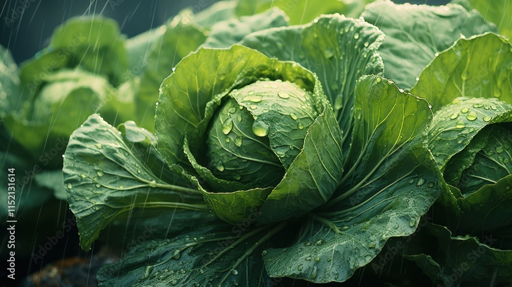 Brussels Sprouts and Cabbage Month Fresh cabbage with water droplets during rainy day in garden Brussels Sprouts and Cabbage Month Fresh cabbage with water droplets during rainy day in garden