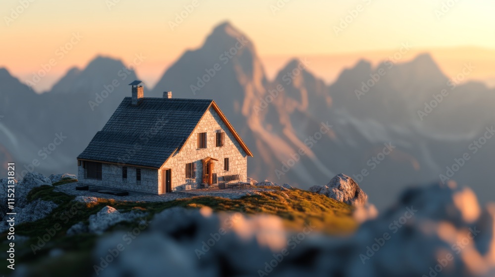 Serene Mountain House with Beautiful Backdrop at Sunset Serene Mountain House with Beautiful Backdrop at Sunset