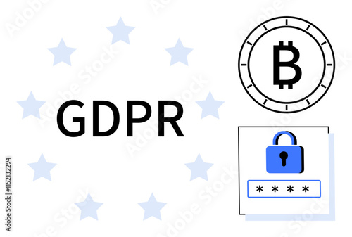 GDPR text surrounded by stars, Bitcoin symbol in top right, and padlock with password below. Ideal for digital privacy, cybersecurity, cryptocurrency security, GDPR compliance, data protection