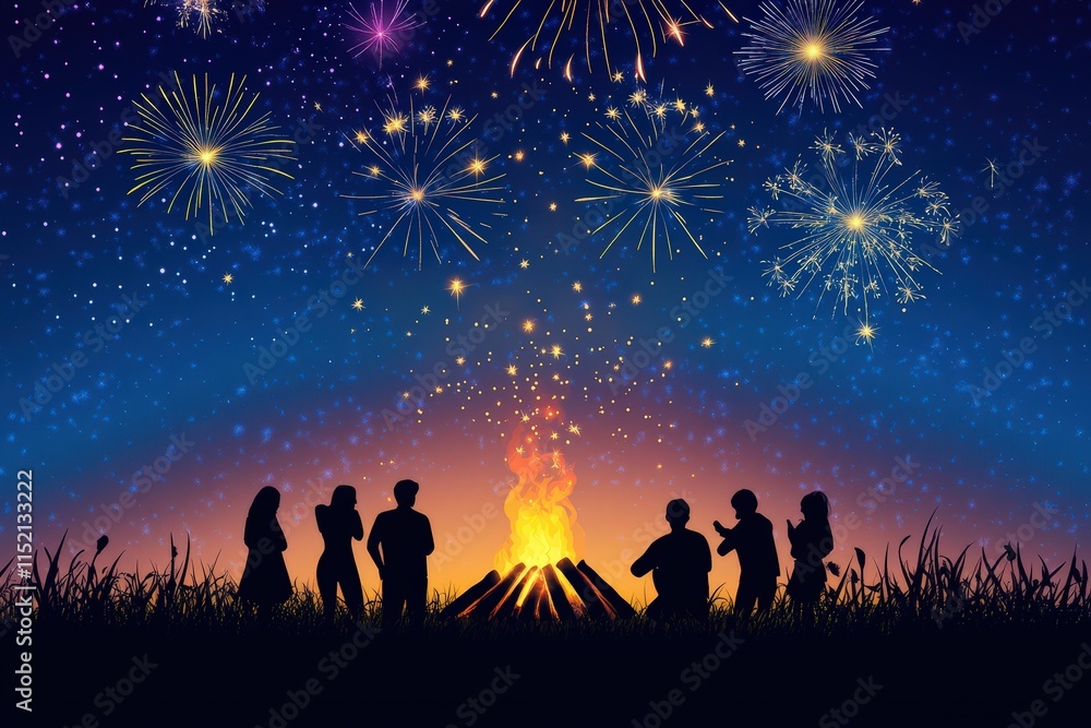 Silhouettes of friends gathered around a bonfire under fireworks Silhouettes of friends gathered around a bonfire under fireworks