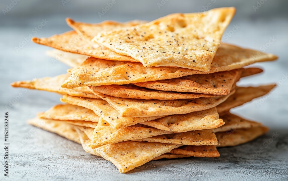 A stack of crispy pita chips with visible seasoning, on a soft gray background A stack of crispy pita chips with visible seasoning, on a soft gray background