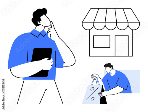 Man pondering with tablet, a storefront, and another person holding shopping bags with a discount. Ideal for business strategy, retail, shopping, decision-making, marketing, promotions e-commerce photo