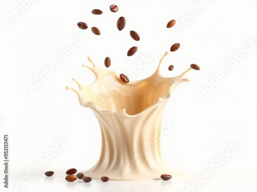 A splash of cream with coffee beans falling into it, creating a dynamic visual effect. photo