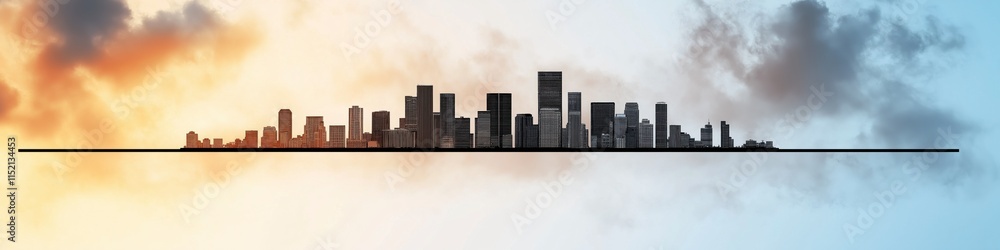 Fototapeta premium Black and White Cityscape Silhouette with Dramatic Clouds and Vibrant Sky Colors at Sunrise or Sunset, Perfect for Urban and Landscape Photography