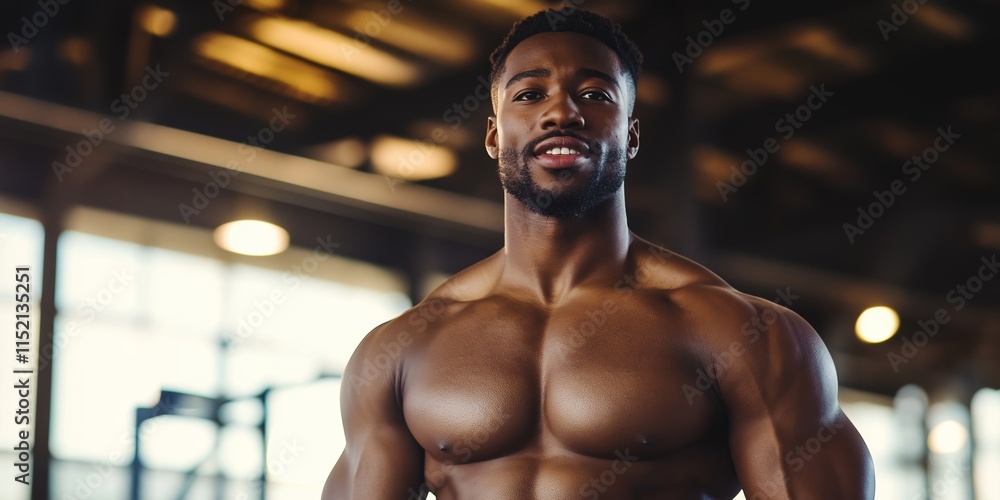 Fototapeta premium A muscular man stands confidently in a gym, showcasing his physique and dedication to fitness.
