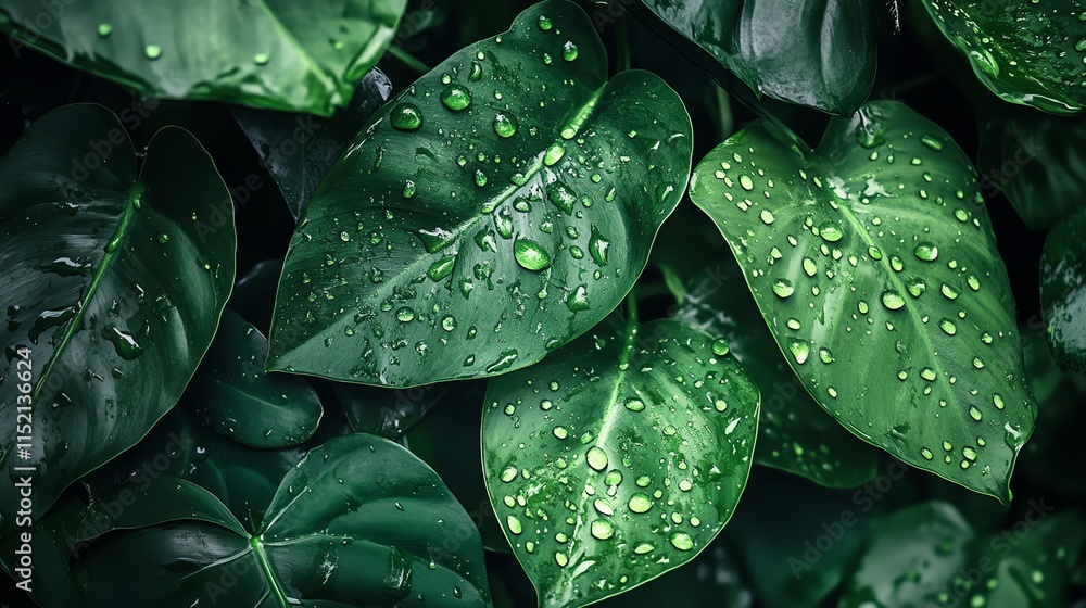 Obraz premium Lush green leaves with droplets of water, showcasing natural beauty and vibrant colors, ideal for nature-themed designs.