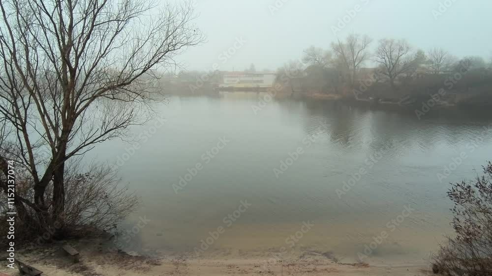 landscape with fog and river. fog on the river. landscape from the bank on a cloudy day. landscape with fog and river. fog on the river. landscape from the bank on a cloudy day.