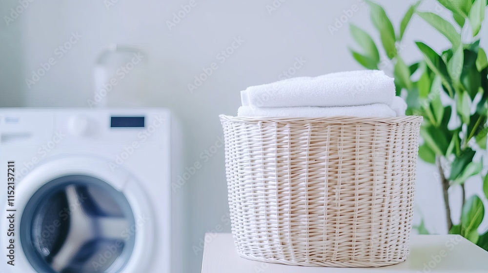 A neat basket of clean laundry placed in a laundry room beside a modern washing machine A neat basket of clean laundry placed in a laundry room beside a modern washing machine