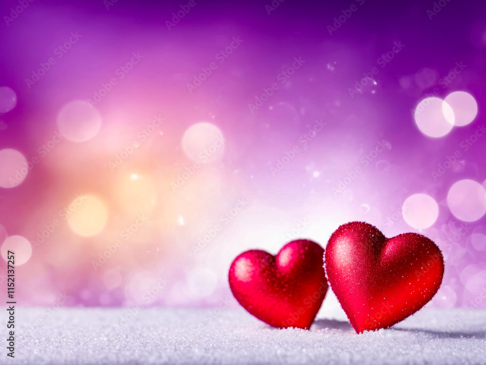 Two Red Hearts in the Snow on a Purple Bokeh Background. Two Red Hearts in the Snow on a Purple Bokeh Background.