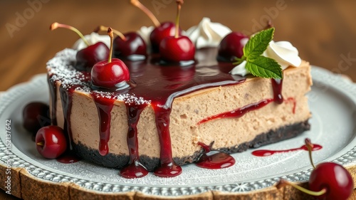 Chocolate cheesecake topped with cherry sauce and decorative cream on a wooden table photo