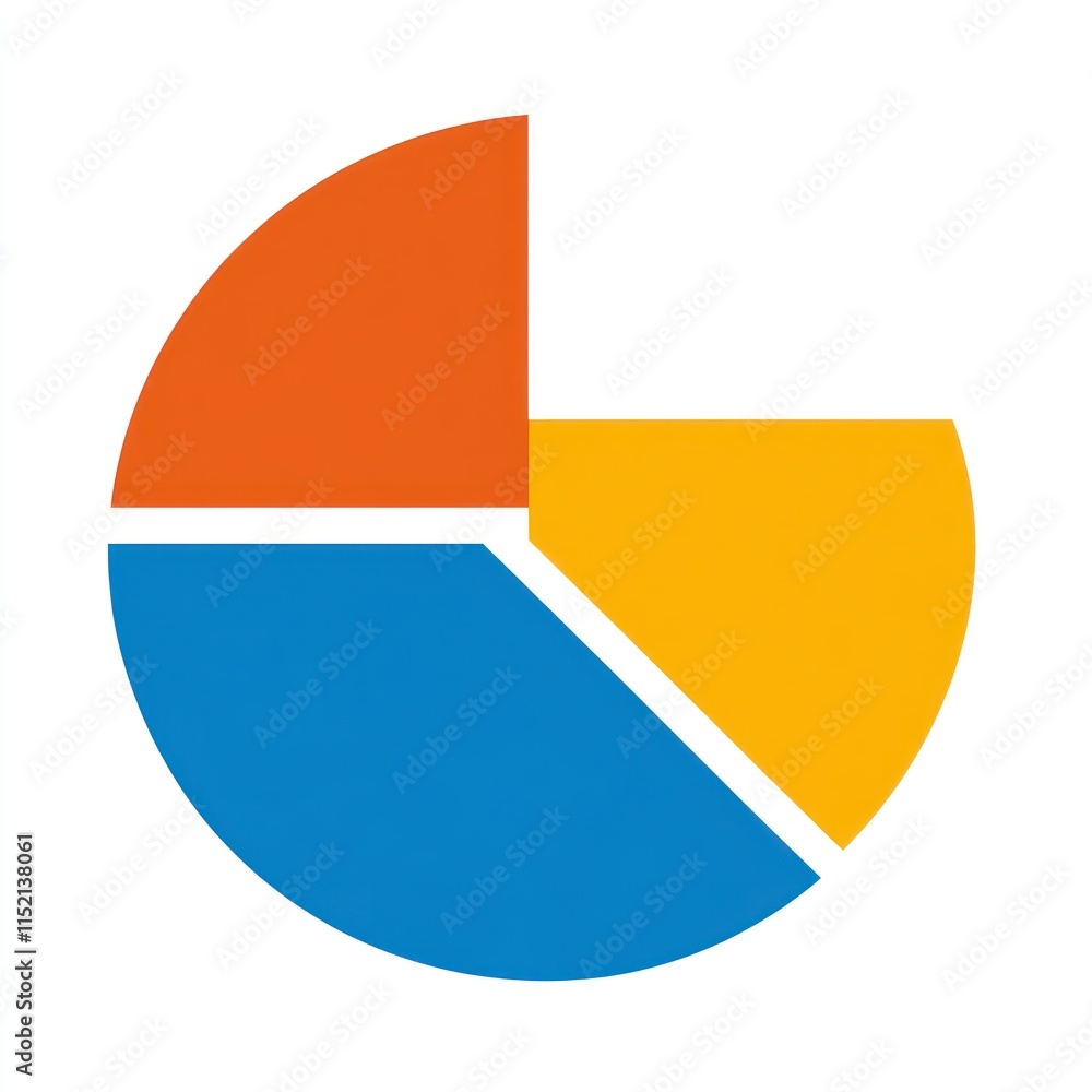 A simple pie chart divided into three unequal sections, colored orange, blue, and yellow. A simple pie chart divided into three unequal sections, colored orange, blue, and yellow.