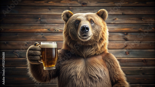 A humorous anthropomorphic bear holds a pint of beer against a rustic wooden background. With a friendly toast gesture, this surreal and creative scene blends wildlife, fantasy, and celebration