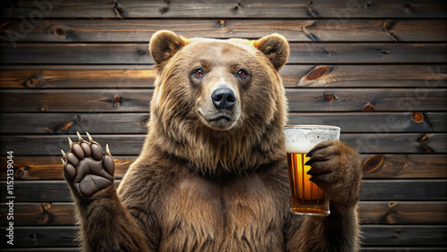 A humorous anthropomorphic bear holds a pint of beer against a rustic wooden background. With a friendly toast gesture, this surreal and creative scene blends wildlife, fantasy, and celebration