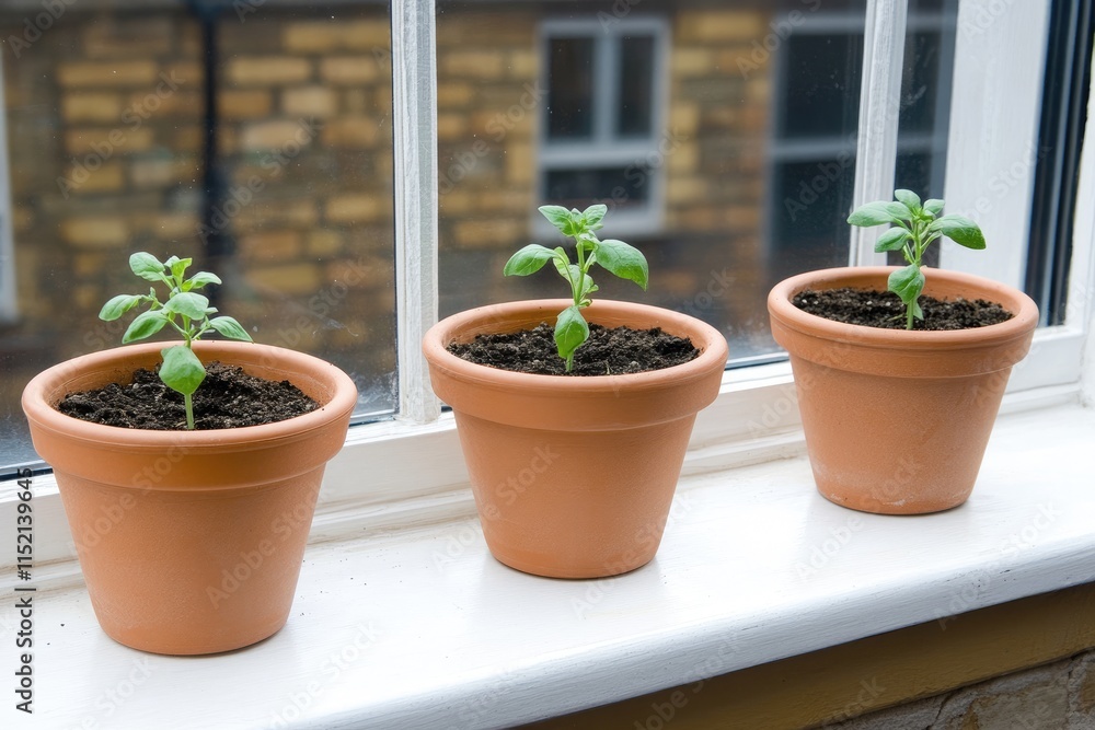 Three Young Basil Plants Growing in Terracotta Pots on a Sunlit Window Sill Three Young Basil Plants Growing in Terracotta Pots on a Sunlit Window Sill