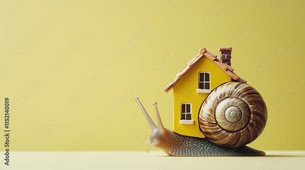 Snail holding up a yellow house on its back on a beige background. Copy space, credit, bank, home concept.