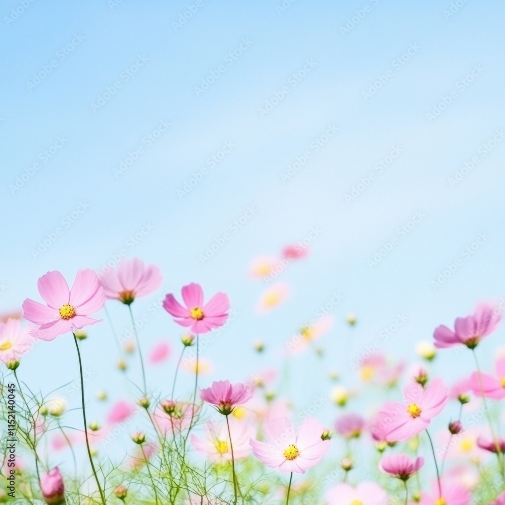 Vibrant Cosmos Flower Field Under Clear Blue Sky A Serene Nature Scene Vibrant Cosmos Flower Field Under Clear Blue Sky A Serene Nature Scene