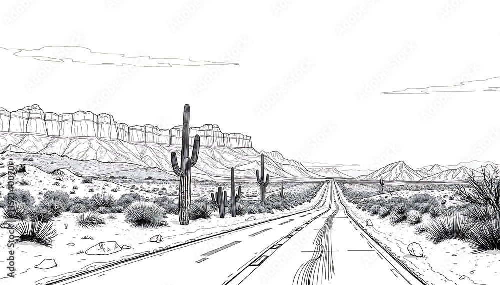 Fototapeta premium Desert road panorama landscape, vector illustration. Black and white sketch of American desert with cactus and sand rocks. USA journey. Arizona roadway , line art.