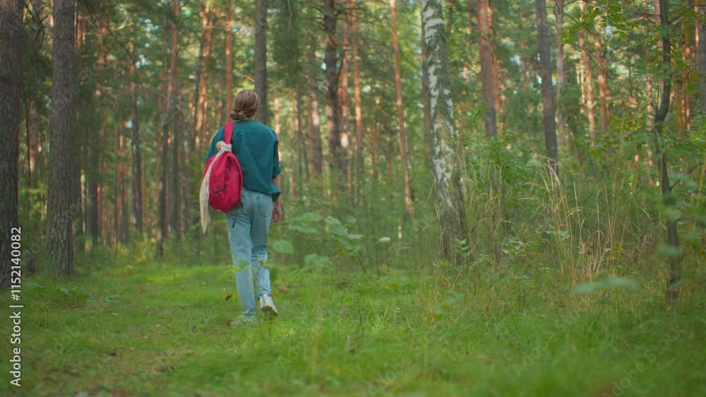 Back view of hiker walking slowly through serene sunlit forest, red backpack slung over her shoulder, she appears tired, adjusting hand position on backpack Back view of hiker walking slowly through serene sunlit forest, red backpack slung over her shoulder, she appears tired, adjusting hand position on backpack