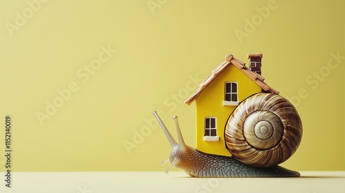 Obraz na płótnie Snail holding up a yellow house on its back on a beige background. Copy space, credit, bank, home concept. w salonie