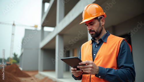 Construction Worker Checking Project Progress on Tablet photo