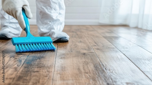 A person wearing gloves is seen scrubbing a wooden floor with a blue-bristled brush, demonstrating thorough cleaning and care in a well-lit environment. photo