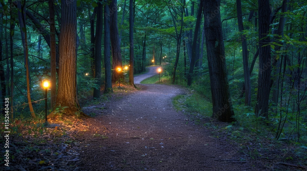 Obraz premium A tranquil path through the woods, lit by softly glowing path lights