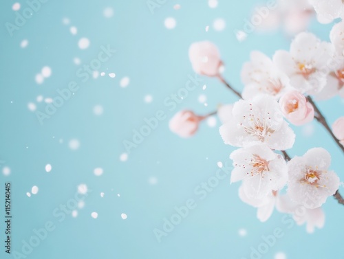 Charming Minimal Snowfall on Spring Blossoms Blue Background, Tranquil Aesthetic photo