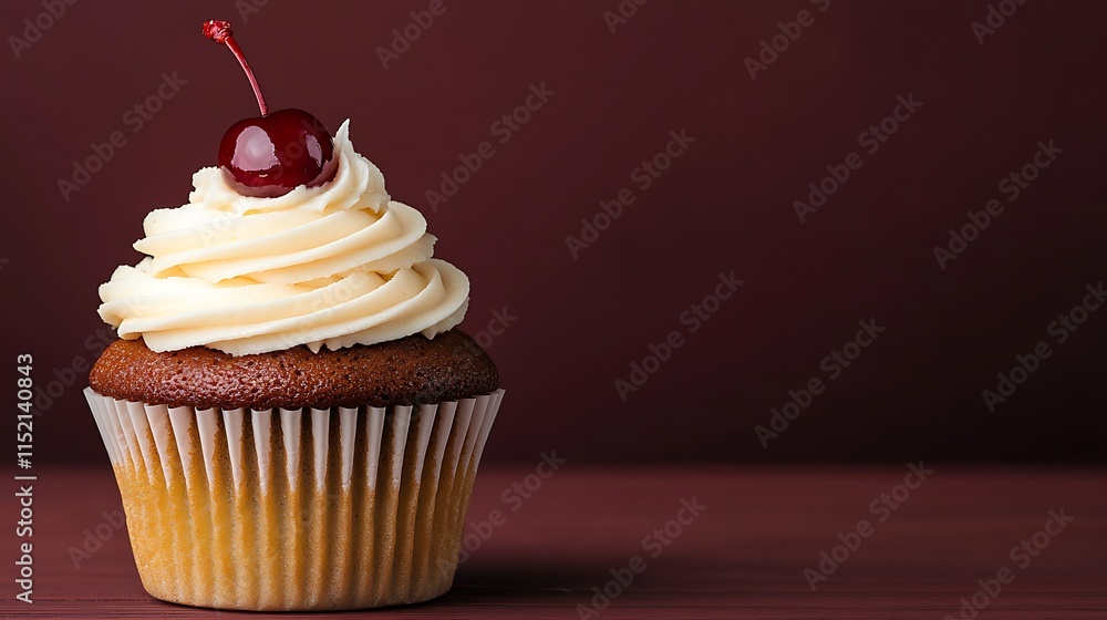 Single chocolate cupcake with vanilla frosting and cherry. Single chocolate cupcake with vanilla frosting and cherry.