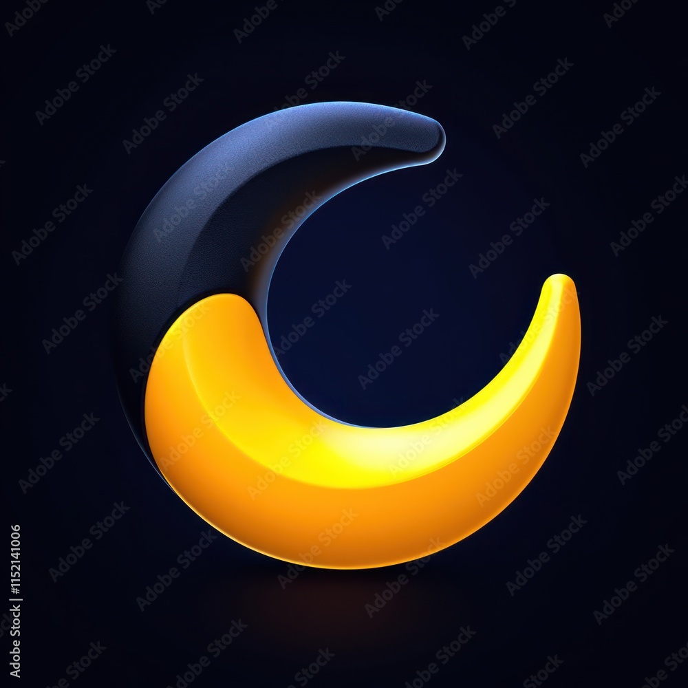 Abstract 3D crescent moon icon, half dark blue and half gold, on black background. Abstract 3D crescent moon icon, half dark blue and half gold, on black background.